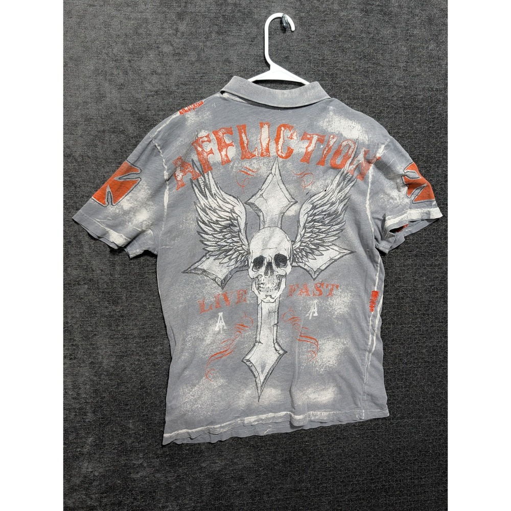 Affliction Mens Live Fast Winged Skull Cross Distressed Polo Shirt Grey Large
